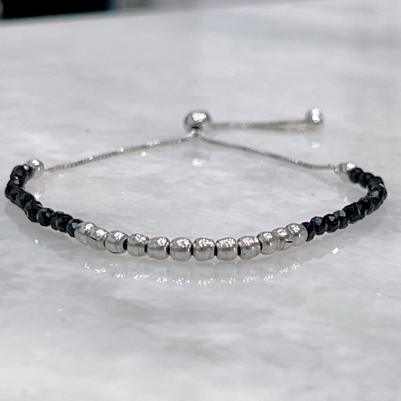 Thai Black Spinel Dainty Beads Sterling Silver BOLO Bracelet - Picture 1 of 11